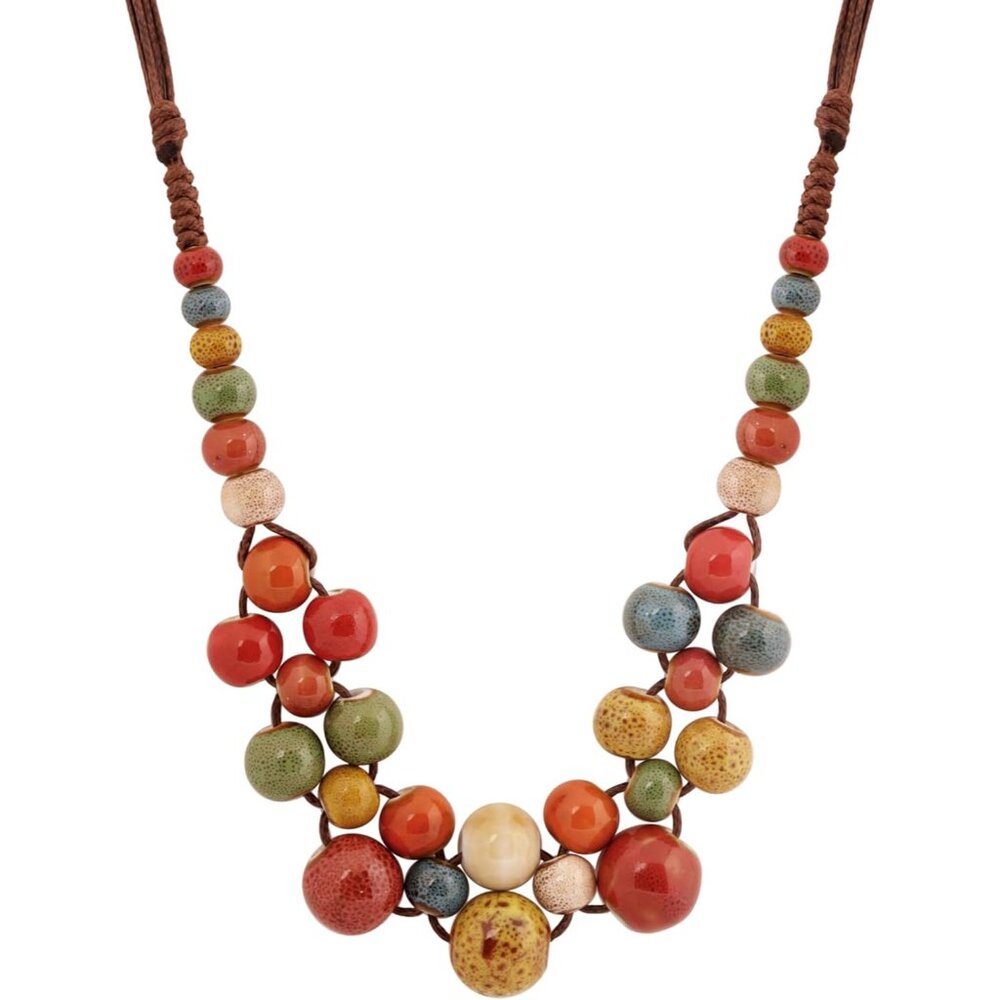 Hippie Boho Colorful Ceramic Round Beads Strand Necklace, Bohemian Fashion State